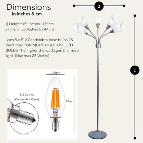 LIGHTACCENTS Medusa 5-Light Floor Lamp for Bedroom – Multi-Head Standing Lamp with 5 White Acrylic Shades, Silver Spider Lamp, Bright Floor Lamp for Bedroom, Living Room, Office - Image 4