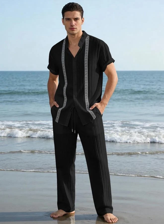Take Two Men Black Jacquard Stand Collar Short Sleeve Button Front Shirt and Pants Co-Ords