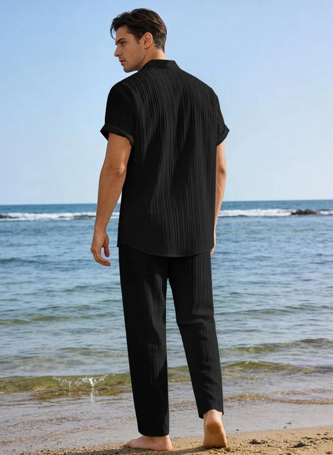 Take Two Men Black Jacquard Stand Collar Short Sleeve Button Front Shirt and Pants Co-Ords