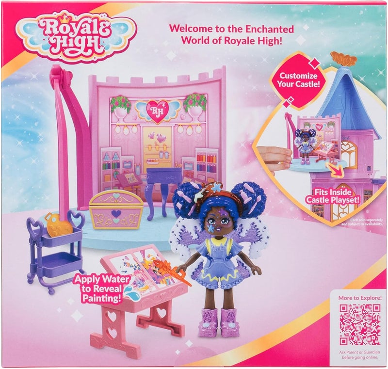 رويال هاي Royale High Art Class Playset - 1 دمية، 6 إكسسوارات - 1 كشف ماء مفاجئ - يناسب داخل مجموعة القلعة - رمز العنصر الافتراضي مضمن - الأعمار 5+ - Image 4