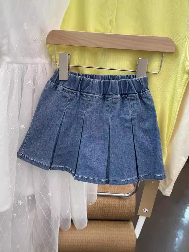 Korean Children'S Clothing Girls 2025 Summer Pleated Half-Length Skirts Kids Little Girls Denim Culottes Cotton Denim Fabric - Image 2