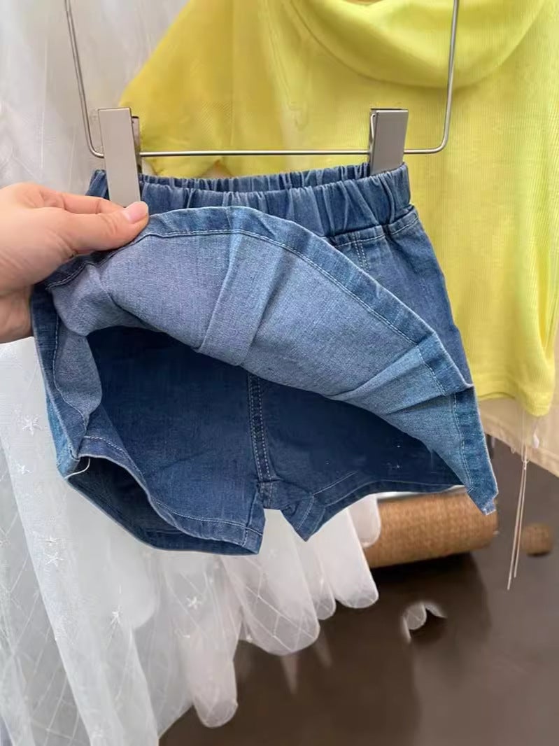 Korean Children'S Clothing Girls 2025 Summer Pleated Half-Length Skirts Kids Little Girls Denim Culottes Cotton Denim Fabric - Image 5