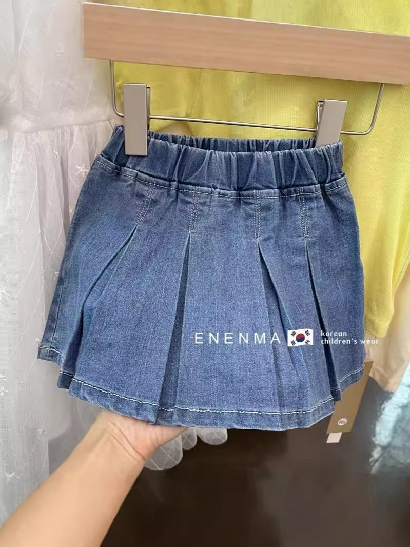 Korean Children'S Clothing Girls 2025 Summer Pleated Half-Length Skirts Kids Little Girls Denim Culottes Cotton Denim Fabric - Image 4