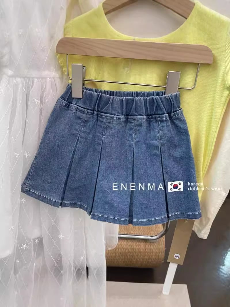Korean Children'S Clothing Girls 2025 Summer Pleated Half-Length Skirts Kids Little Girls Denim Culottes Cotton Denim Fabric - Image 3