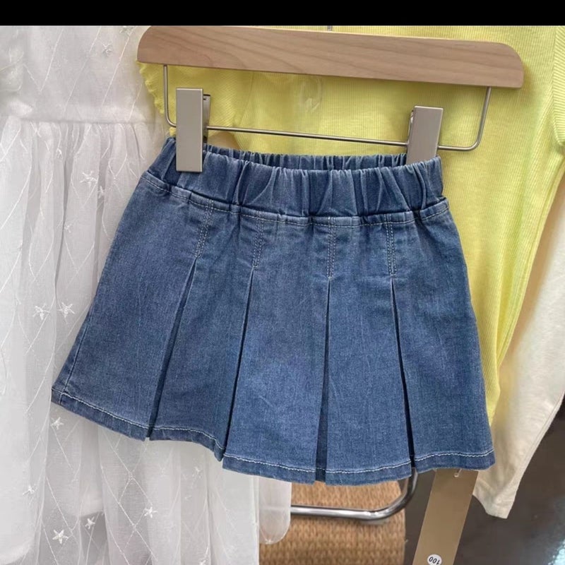Korean Children'S Clothing Girls 2025 Summer Pleated Half-Length Skirts Kids Little Girls Denim Culottes Cotton Denim Fabric - Image 1