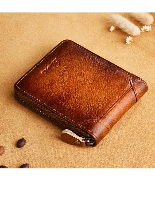 Dante Men's Wallet Genuine Leather Short Zipper Top Layer Cowhide Anti-theft Card Swiping Wallet Yellow Brown - Image 1
