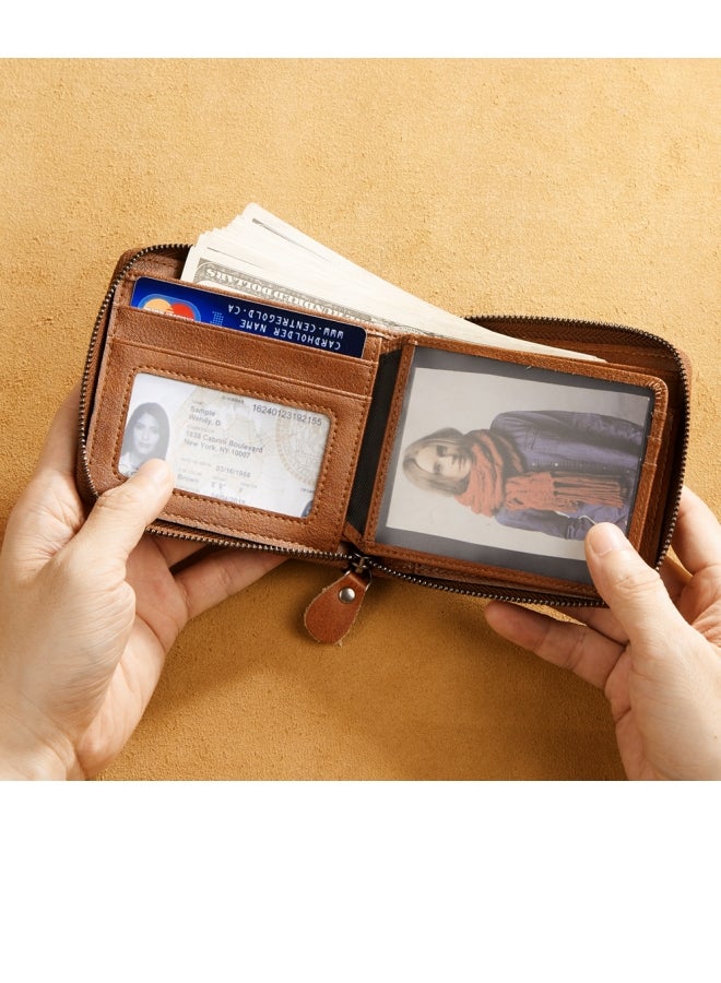 Dante Men's Wallet Genuine Leather Short Zipper Top Layer Cowhide Anti-theft Card Swiping Wallet Yellow Brown - Image 3