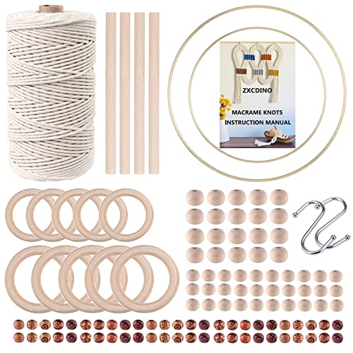 ZXCDINO 119pcs Macrame Kits for Starter 3mm x 109Yards Natural Cotton Macrame Cord with 100pcs Wooden Beads,10pcs Wooden Rings,Wooden Sticks,Metal Rings,S Hooks Macrame Supplies for Plant Hangers - Image 1