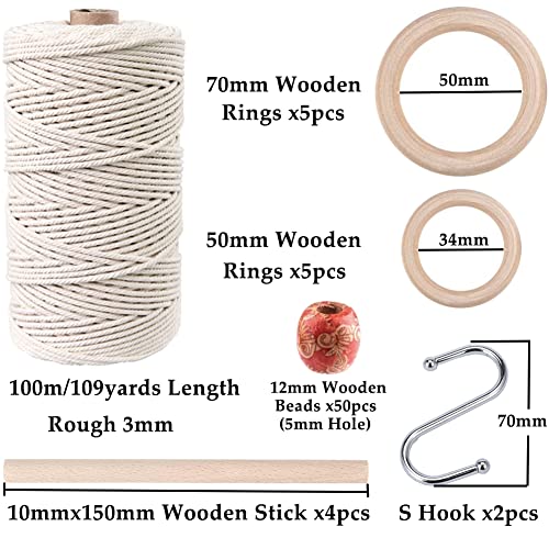ZXCDINO 119pcs Macrame Kits for Starter 3mm x 109Yards Natural Cotton Macrame Cord with 100pcs Wooden Beads,10pcs Wooden Rings,Wooden Sticks,Metal Rings,S Hooks Macrame Supplies for Plant Hangers - Image 2