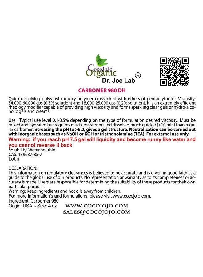 cocojojo Carbomer 980 / Carbopol 4 oz - 120 gr Cosmetic Ingredient - All Purpose Thickening Agent Cosmetic Formulation Gel Cream Lotion DIY Cosmetics Carbopol Emulsify Packaging May Vary - Image 2