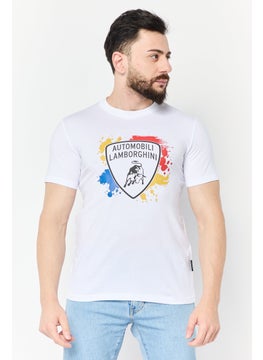Men Crew Neck Short Sleeves Brand Logo T-Shirt, White