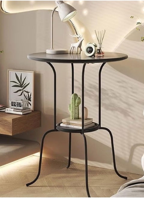 Dida-cosmos Metal Round Tea and Coffee Table, 68*50cm Double-Layer Small Round Table, Wrought Iron Coffee Table, Retro Small Round Table, Bedroom Side Table, Balcony Table, Garden Table Furniture (Black)