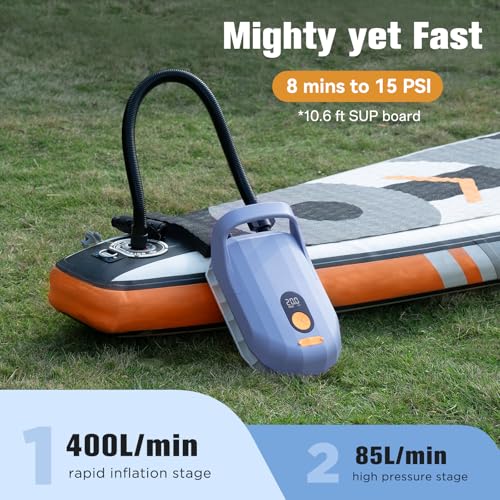 AIRBANK مضخة SUP قابلة لإعادة الشحن من AIRBANK، مضخة لوح التجديف سريعة التضخيم والتفريغ 20 PSI، مضخة هواء أوتوماتيكية للقوارب، القوارب المطاطية، أجنحة الطائرات الورقية، المرتبة (بنفسجي فاتح) - Image 5