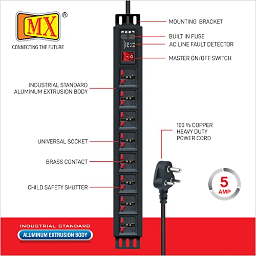 MX Extension Board 8-Socket Power Strip | 15A Heavy-Duty Universal Socket, 3000W Load, 3 m Cable, Child Safety Shutters, Overload Protection, Wall/Desk Mountable for Home & Office - Image 3