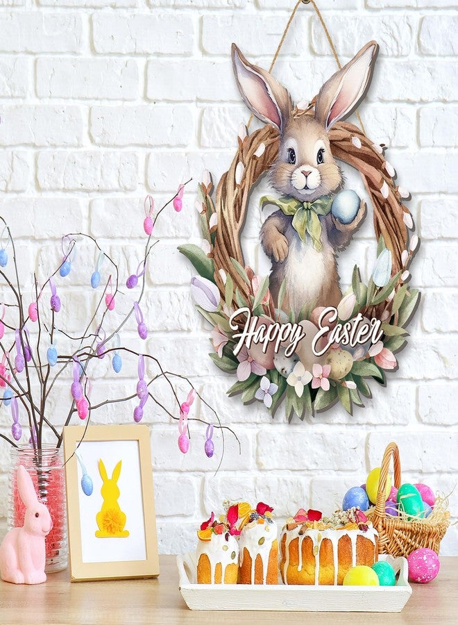 Queekay Easter Wreaths for Front Door Wooden Easter Sign 12.6 x 14.6 Inch Hanging Door Sign Decorations Wreath for Spring Holiday Coffee Shop Bakery(Bunny) - Image 4