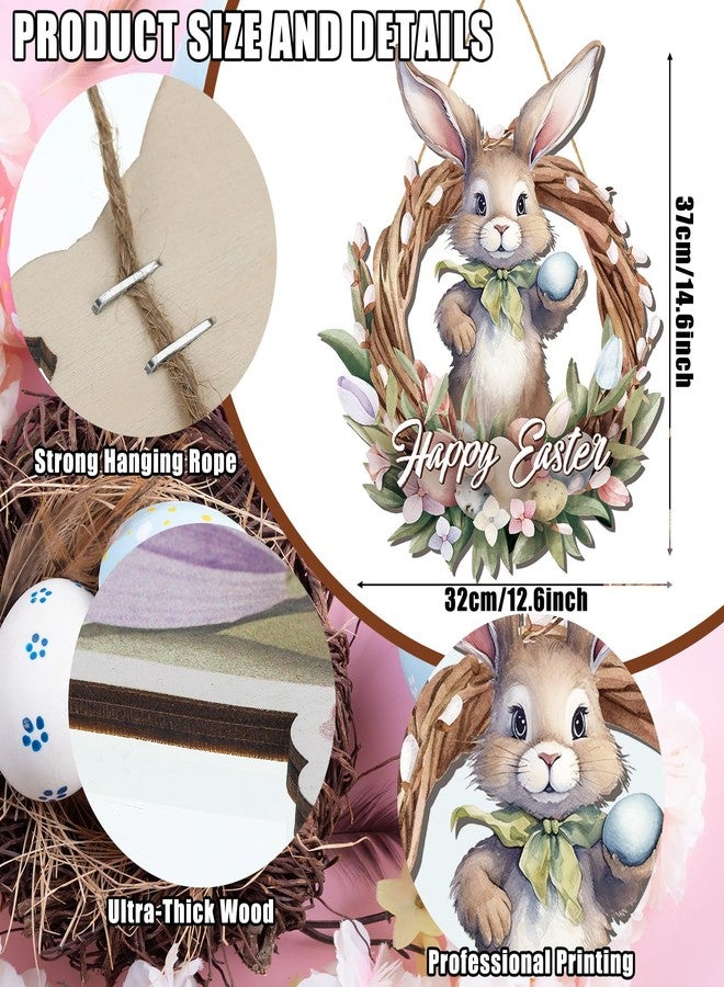 Queekay Easter Wreaths for Front Door Wooden Easter Sign 12.6 x 14.6 Inch Hanging Door Sign Decorations Wreath for Spring Holiday Coffee Shop Bakery(Bunny) - Image 2