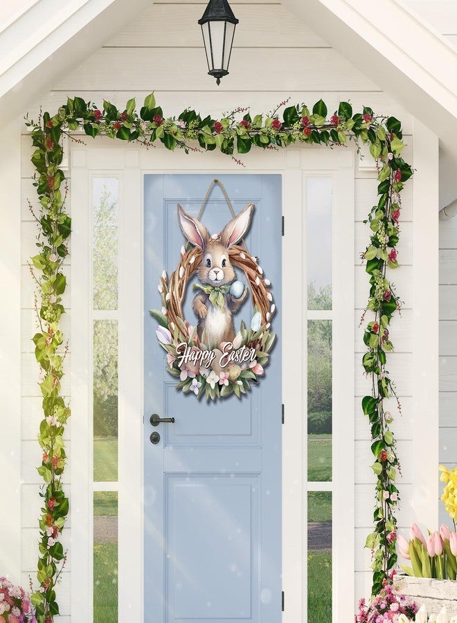 Queekay Easter Wreaths for Front Door Wooden Easter Sign 12.6 x 14.6 Inch Hanging Door Sign Decorations Wreath for Spring Holiday Coffee Shop Bakery(Bunny) - Image 3