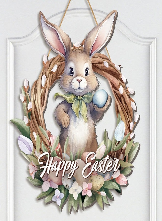 Queekay Easter Wreaths for Front Door Wooden Easter Sign 12.6 x 14.6 Inch Hanging Door Sign Decorations Wreath for Spring Holiday Coffee Shop Bakery(Bunny) - Image 1