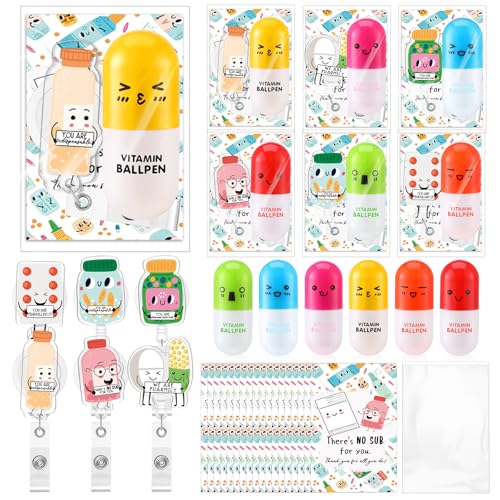 Sayglossy 25 Sets Pharmacy Technician Accessories Gift Pharmacy Badge Reel Pill Shaped Pens Inspirational Appreciation Card Pharma Funny Gifts for Nurse Practitioner Week Medical Assistant Doctor - Image 1