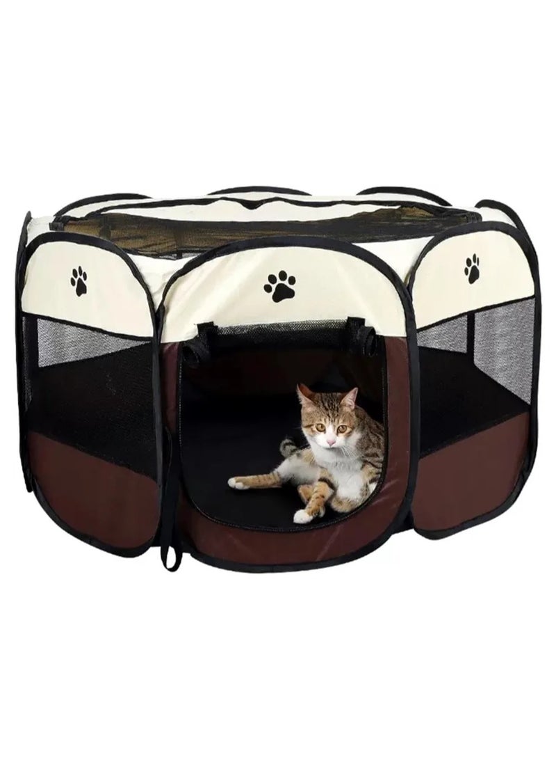 Octagonal Pet Dog And Cat House, Portable Kennel Puppy Bed House Foldable Tent Fence, Indoor Outdoor Use, Black And Brown, Pet Bed - Image 1