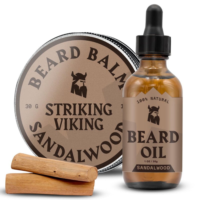 Striking Viking Striking Viking Beard Oil and Balm  Mens Beard Grooming Kit with AllNatural Beard Oil and Leave in Beard Balm Conditioner  Enriched with Argan and Jojoba Oil Sandalwood