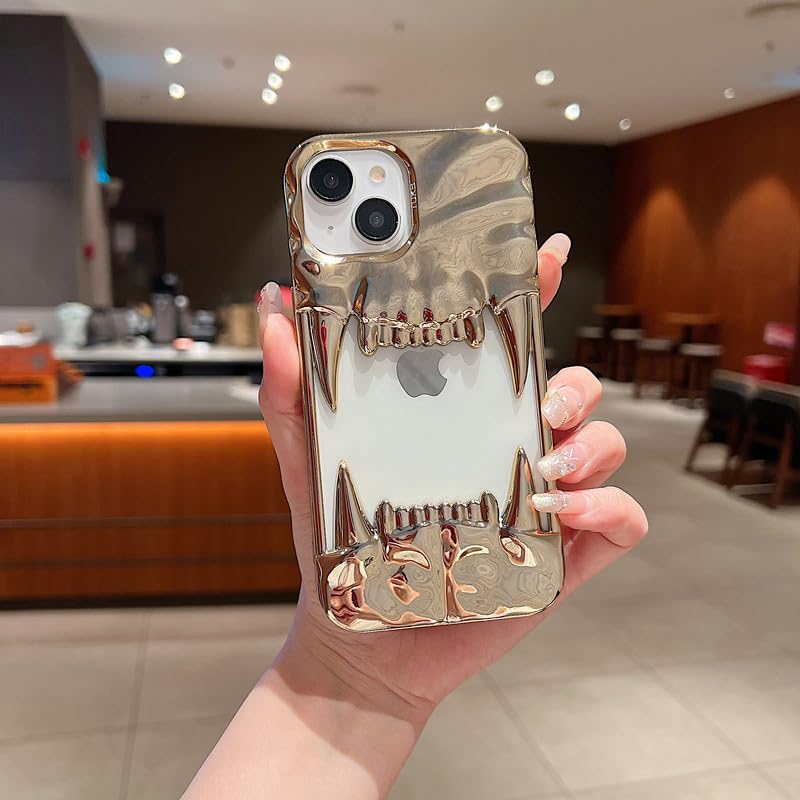US LITE Shockproof Designer 3D Fangs Case for iPhone 14 Plus | Metallic Chrome | Precise Cutouts | Anti-Scratch Grip | Full Camera Protection and Stylish Look - Gold - Image 1