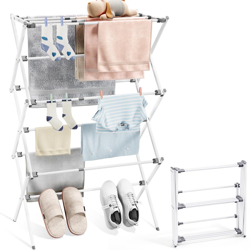 APEXCHASER Clothes Drying Rack, Foldable & Extendable Laundry Rack with Adjustable Size (14.57in-35.43inW), Space-Saving, Rust-Resistant Frame & Floor Protection for Indoor/Outdoor Use, White - Image 1