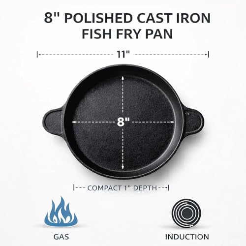 6th Planet Cast Iron Fish Fry Pan 8 Inch | Pre-Seasoned Frying Pan for Fish, Cutlets, Omelette & Shallow Fry | Heavy Duty Iron Tawa | Gas & Induction Compatible - Image 3
