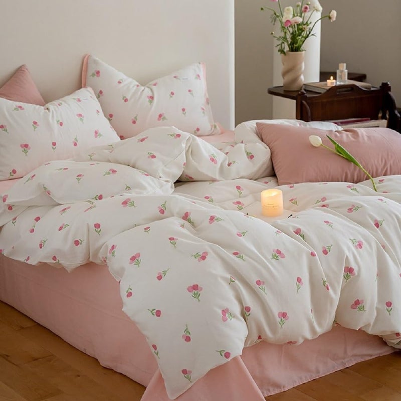 Erwinmu Floral Comforter Set Queen Size - 3 Pieces Pink White Floral Comforter Bedding Sets Tulips Pattern,Queen Bed in a Bag with Heart Comforter and 2 Pillowcases - Image 1