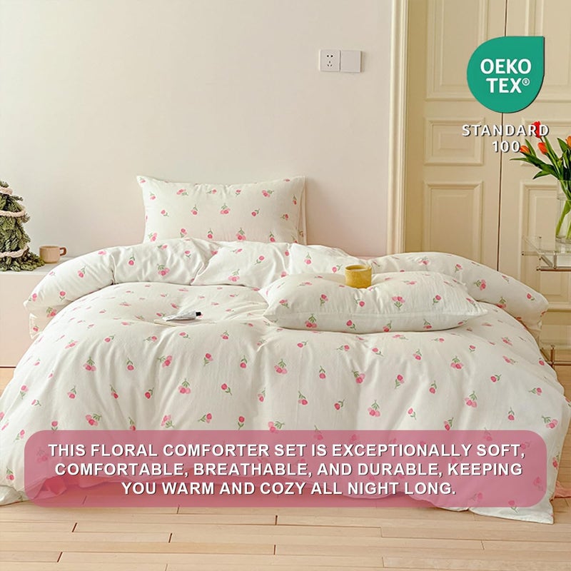 Erwinmu Floral Comforter Set Queen Size - 3 Pieces Pink White Floral Comforter Bedding Sets Tulips Pattern,Queen Bed in a Bag with Heart Comforter and 2 Pillowcases - Image 2