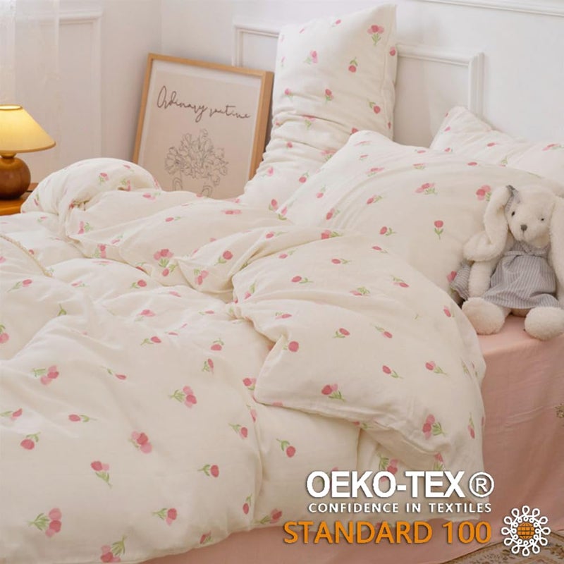Erwinmu Floral Comforter Set Queen Size - 3 Pieces Pink White Floral Comforter Bedding Sets Tulips Pattern,Queen Bed in a Bag with Heart Comforter and 2 Pillowcases - Image 4