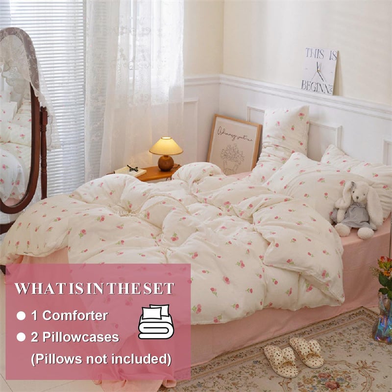 Erwinmu Floral Comforter Set Queen Size - 3 Pieces Pink White Floral Comforter Bedding Sets Tulips Pattern,Queen Bed in a Bag with Heart Comforter and 2 Pillowcases - Image 5