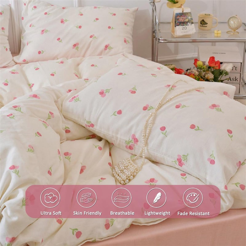 Erwinmu Floral Comforter Set Queen Size - 3 Pieces Pink White Floral Comforter Bedding Sets Tulips Pattern,Queen Bed in a Bag with Heart Comforter and 2 Pillowcases - Image 3