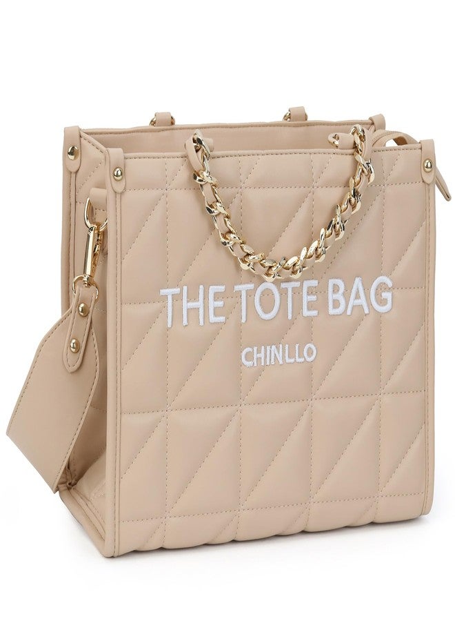 Chinllo Tote Bag for Women, Quilted Chains Stachel Purse and Handbags with Shoulder Strap (E.Khaki-M) - Image 1