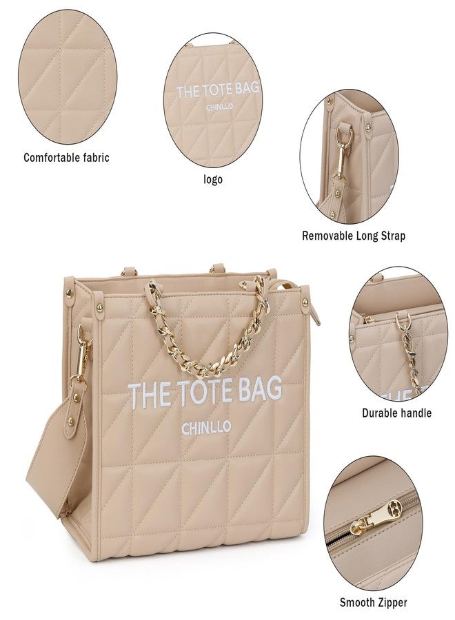 Chinllo Tote Bag for Women, Quilted Chains Stachel Purse and Handbags with Shoulder Strap (E.Khaki-M) - Image 4