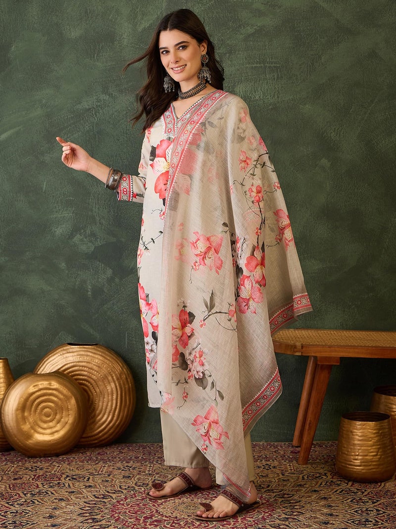 Naixa Women's Rayon Printed Straight Kurta with Pant and Dupatta Sets (NX-760-Cream-3XL) Beige - Image 3