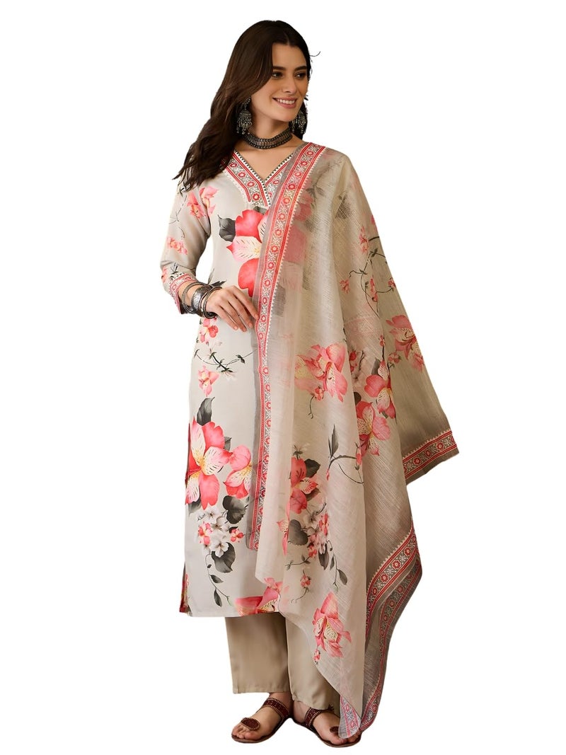 Naixa Women's Rayon Printed Straight Kurta with Pant and Dupatta Sets (NX-760-Cream-3XL) Beige - Image 1