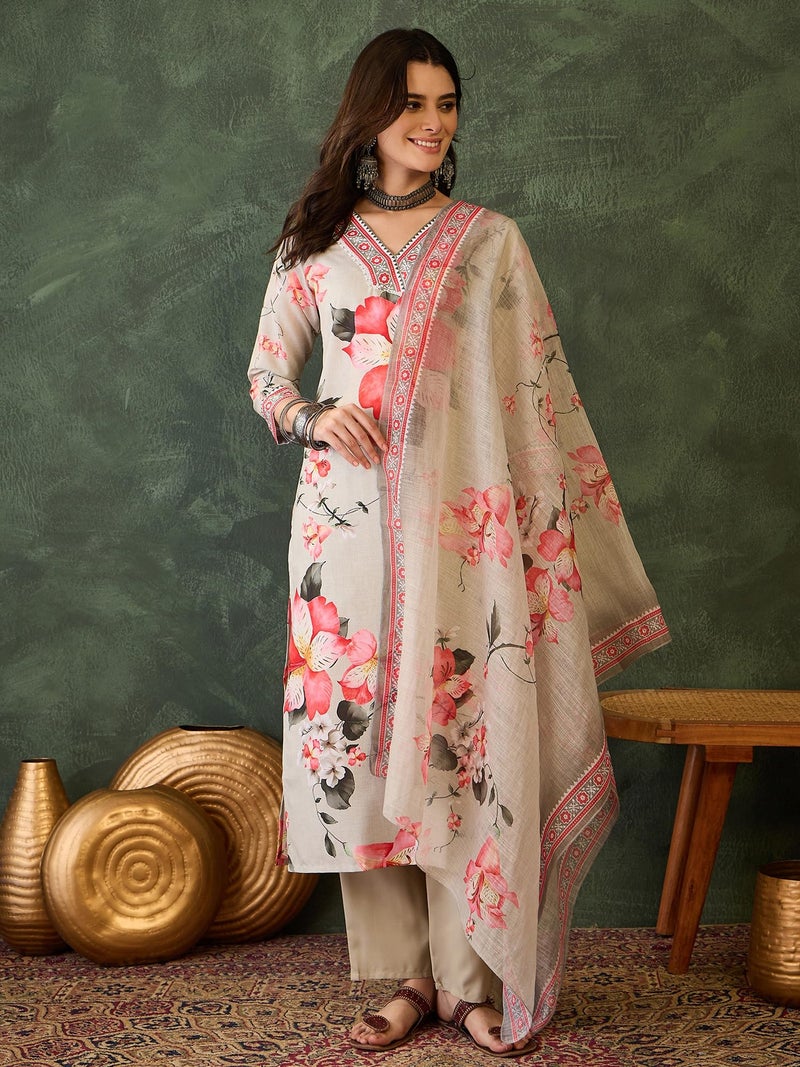 Naixa Women's Rayon Printed Straight Kurta with Pant and Dupatta Sets (NX-760-Cream-3XL) Beige - Image 2