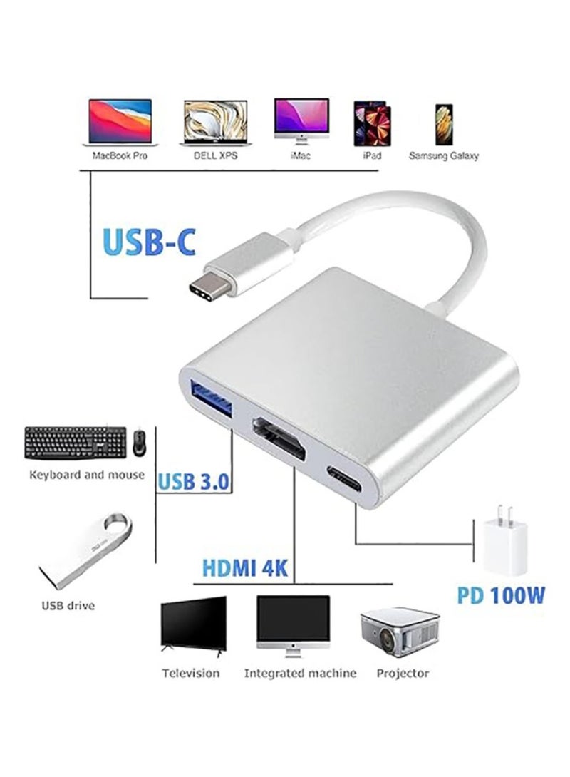 محول USB Type-C إلى HDMI 3 في 1، محول فيديو 4K مع منافذ شحن 3.0 وType-C، محول USB-C Digital AV متعدد المنافذ لأجهزة Mac (فضي) - Image 3