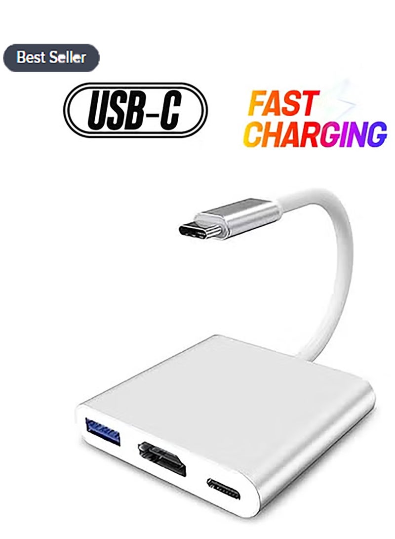 محول USB Type-C إلى HDMI 3 في 1، محول فيديو 4K مع منافذ شحن 3.0 وType-C، محول USB-C Digital AV متعدد المنافذ لأجهزة Mac (فضي) - Image 1
