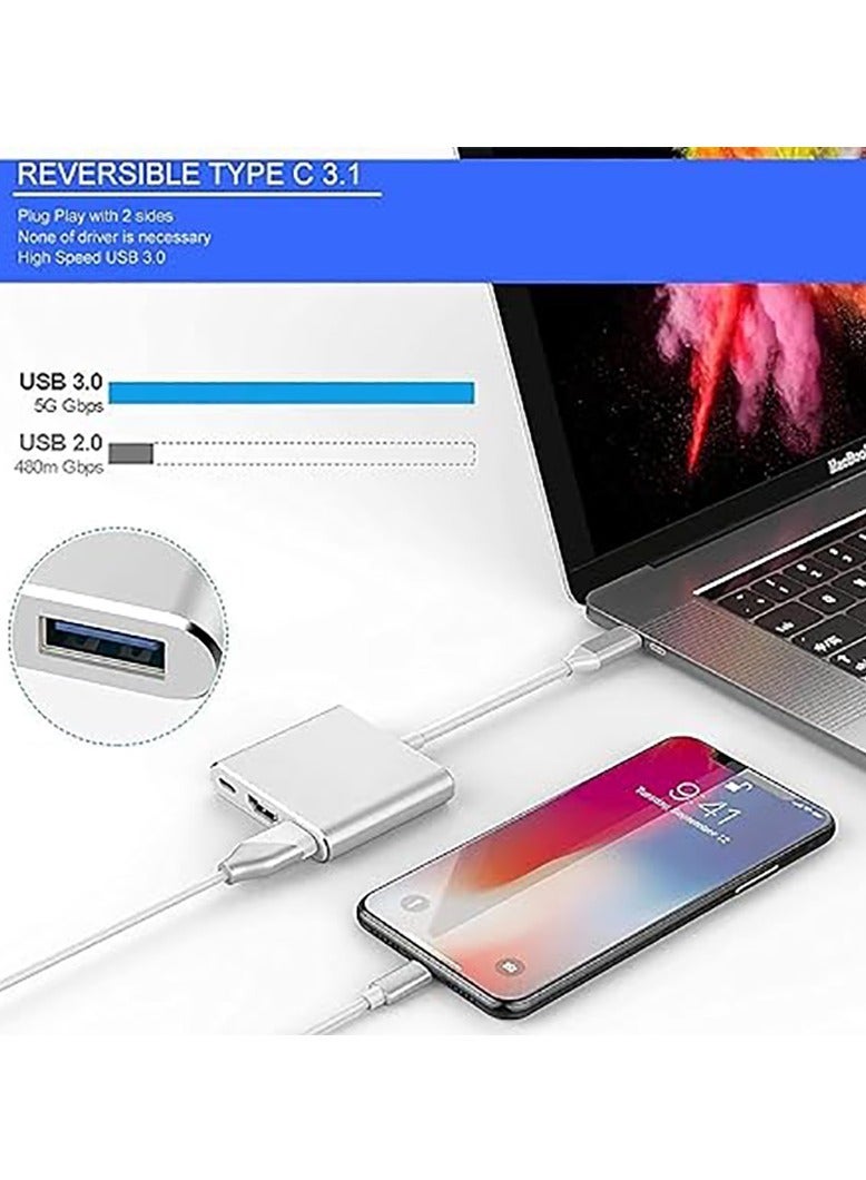 محول USB Type-C إلى HDMI 3 في 1، محول فيديو 4K مع منافذ شحن 3.0 وType-C، محول USB-C Digital AV متعدد المنافذ لأجهزة Mac (فضي) - Image 5