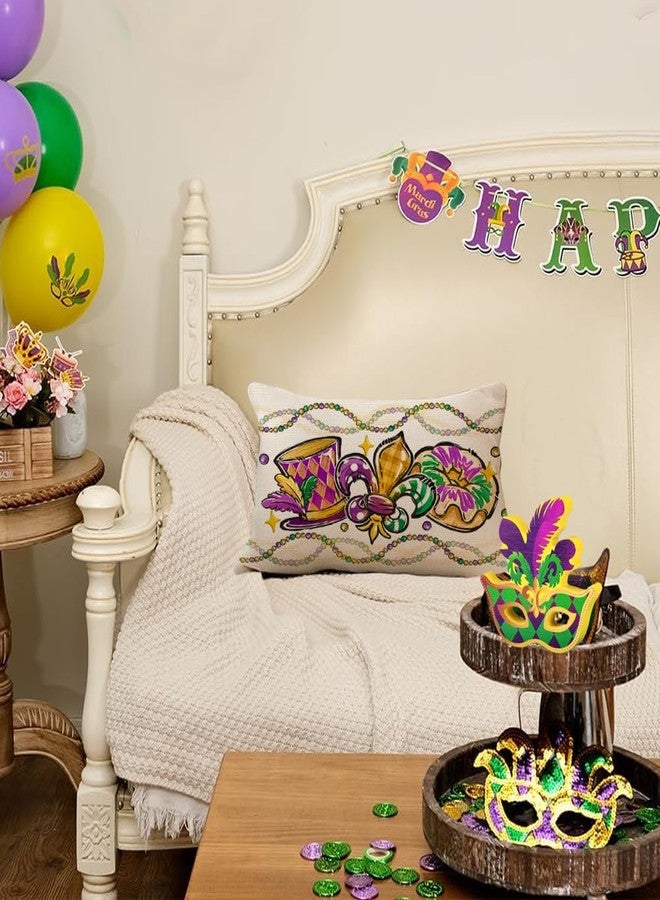 RABUSOFA Mardi Gras Pillow Cover 12x20 Inch Masquerade Fleur De Lis Carnival Donuts Beads Decorative Pillow Case Holiday Decorations for Home Sofa Couch - Image 5