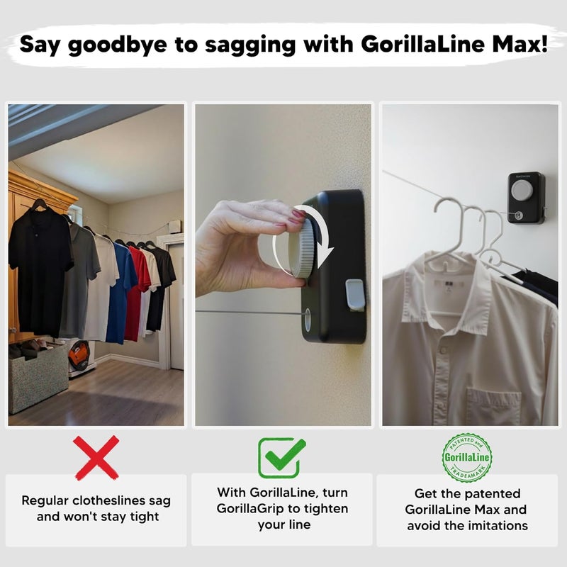 GorillaLine Max - Retractable Clothesline Indoor Outdoor Clothes Line - Heavy Duty Clothes Drying Laundry Line - Wall Mounted Drying Rack - Air Dry Clothing - Max Tighten with GorillaGrip - Image 3