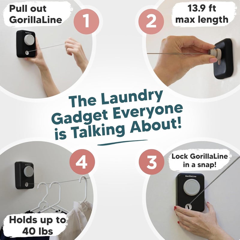 GorillaLine Max - Retractable Clothesline Indoor Outdoor Clothes Line - Heavy Duty Clothes Drying Laundry Line - Wall Mounted Drying Rack - Air Dry Clothing - Max Tighten with GorillaGrip - Image 2