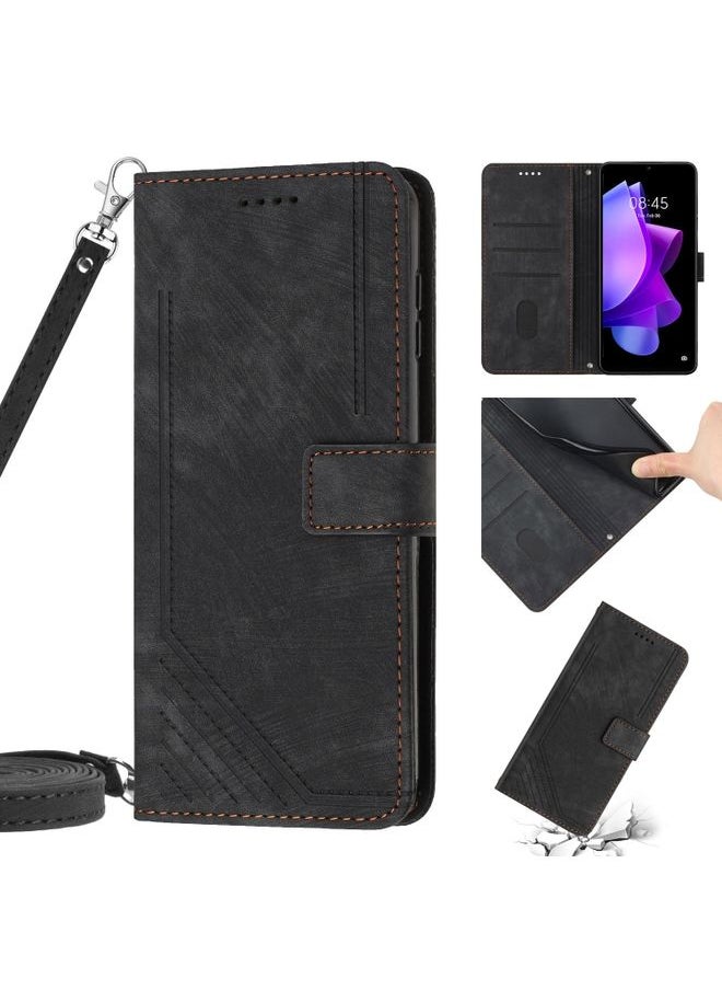 HuHa Case Cover For For Tecno Camon 17P / 17 Pro Skin Feel Stripe Pattern Leather Phone Case with Lanyard(Black) 