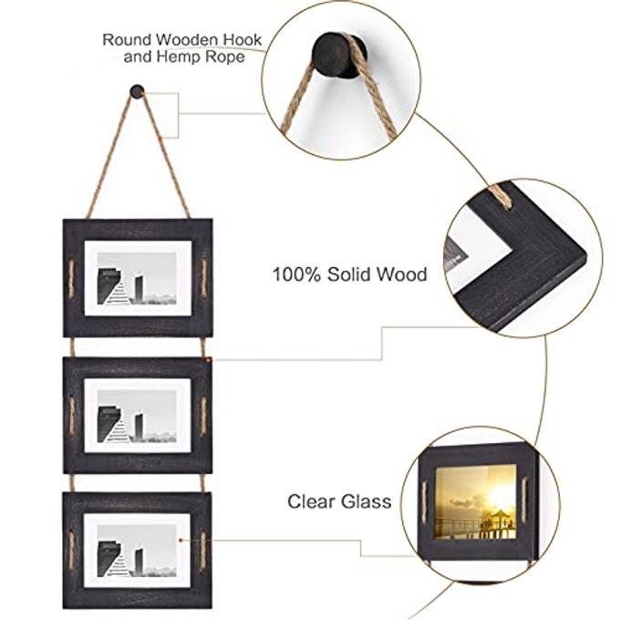 DLQuarts 5x7 Hanging Picture Frames Collage Wall Decor, 3-Opening Photo Frames 5x7 Without Mat & 3.5x5 with Mat, Rustic Wood 3-Frame, Weathered Black - Image 3