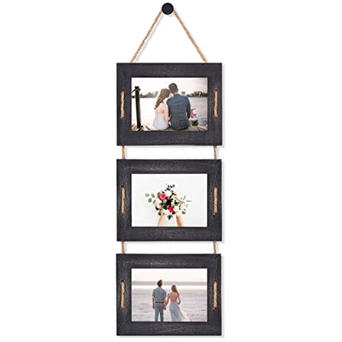 DLQuarts 5x7 Hanging Picture Frames Collage Wall Decor, 3-Opening Photo Frames 5x7 Without Mat & 3.5x5 with Mat, Rustic Wood 3-Frame, Weathered Black - Image 4