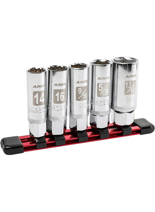 ARES 11016-5-Piece Magnetic Spark Plug Socket Set - Includes 14Mm And 16Mm Thin Wall Sockets And 9/16-Inch, 5/8-Inch, And 13/16-Inch Sockets - Convenient Reusable Storage Rail Included - Image 1