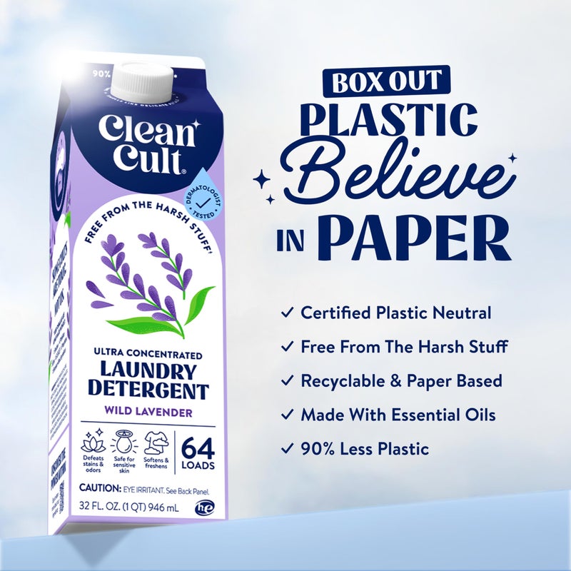 Cleancult Ultra Concentrated Liquid Laundry Detergent Soap, 64 loads (32 oz), Long Lasting Scent, 90% Less Plastic, No Harsh Chemicals, Wild Lavender, Defeats Stains & Odors, HE/Standard Compatible - Image 4
