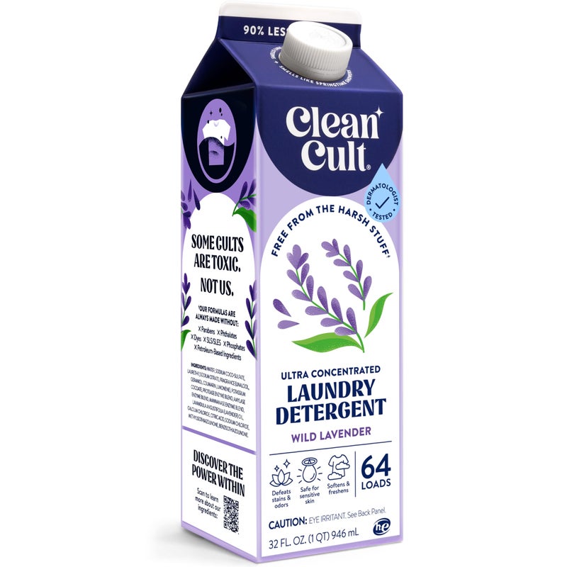 Cleancult Ultra Concentrated Liquid Laundry Detergent Soap, 64 loads (32 oz), Long Lasting Scent, 90% Less Plastic, No Harsh Chemicals, Wild Lavender, Defeats Stains & Odors, HE/Standard Compatible - Image 1